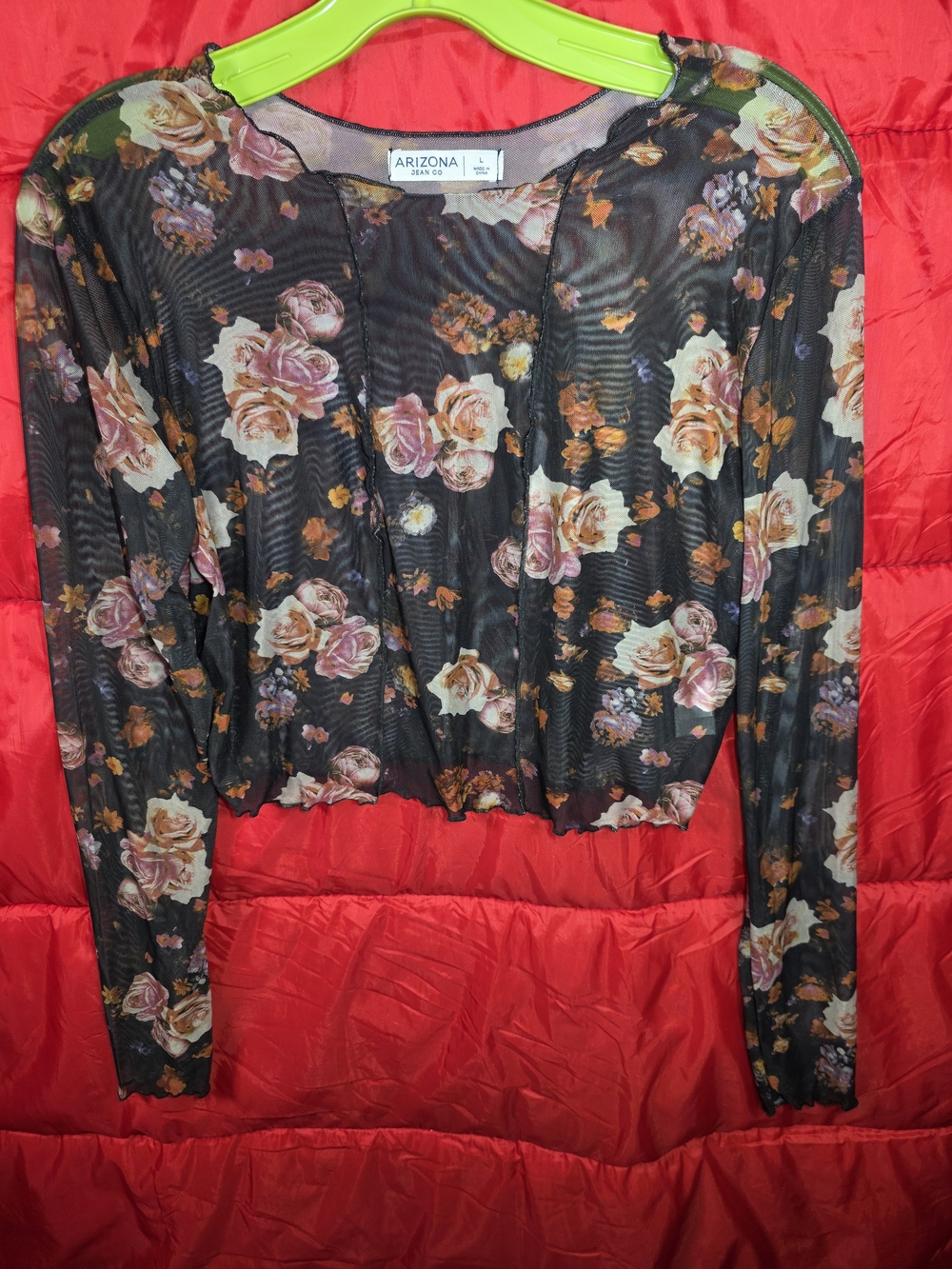 Arizona Jean Company Black Floral Sheer Long Sleeve Crop Top
